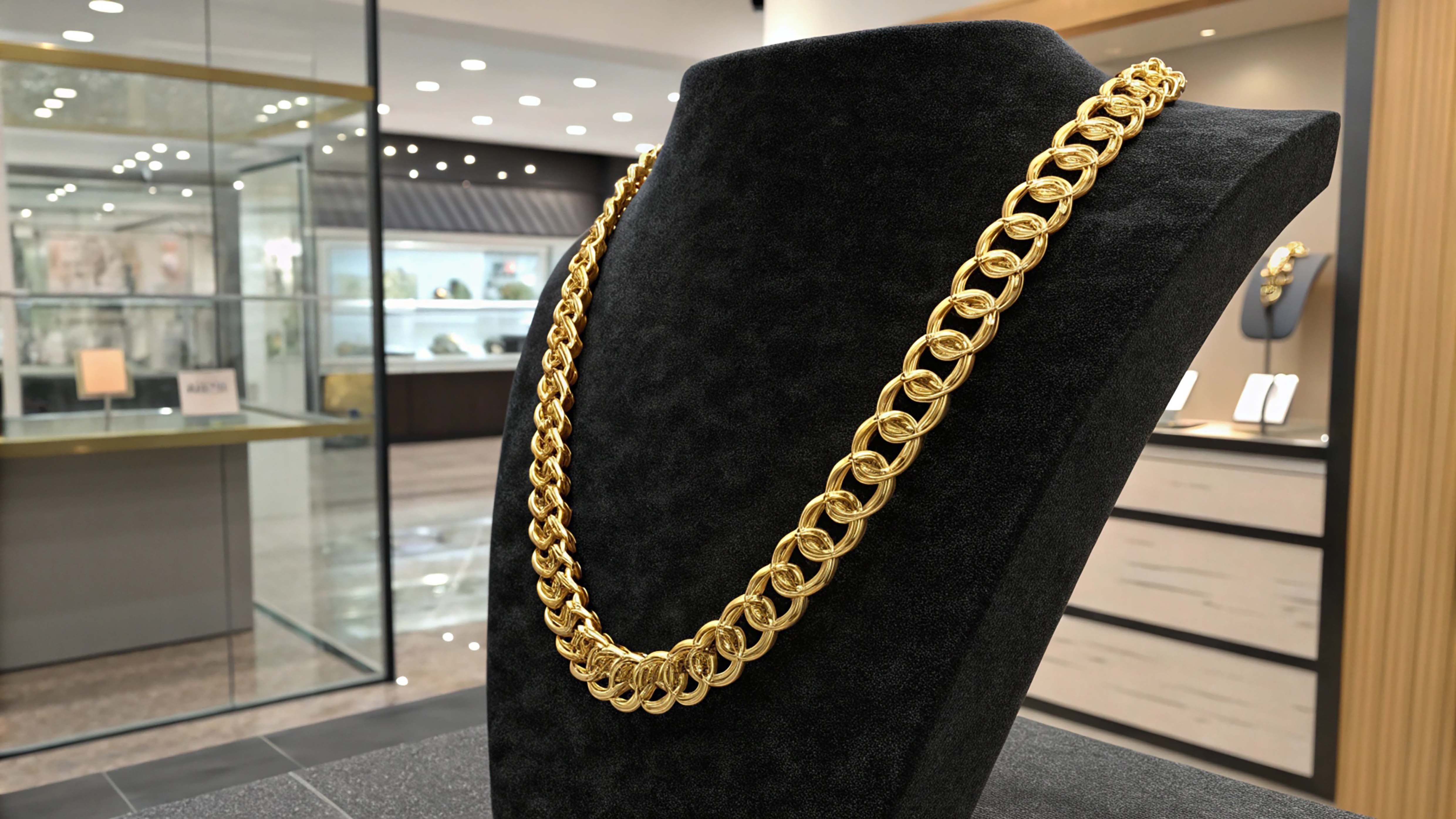 Colar de ouro 18k em exposição na loja